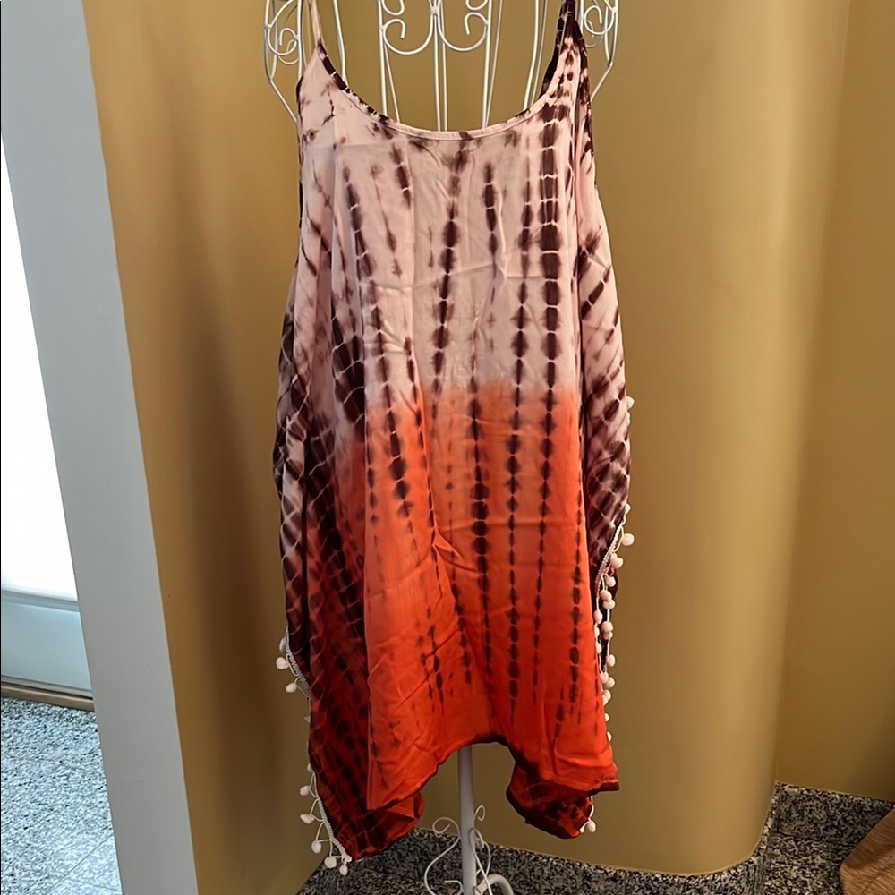 NWOT Tie-Dye Sleeveless coverup with Pom-Pom Trim